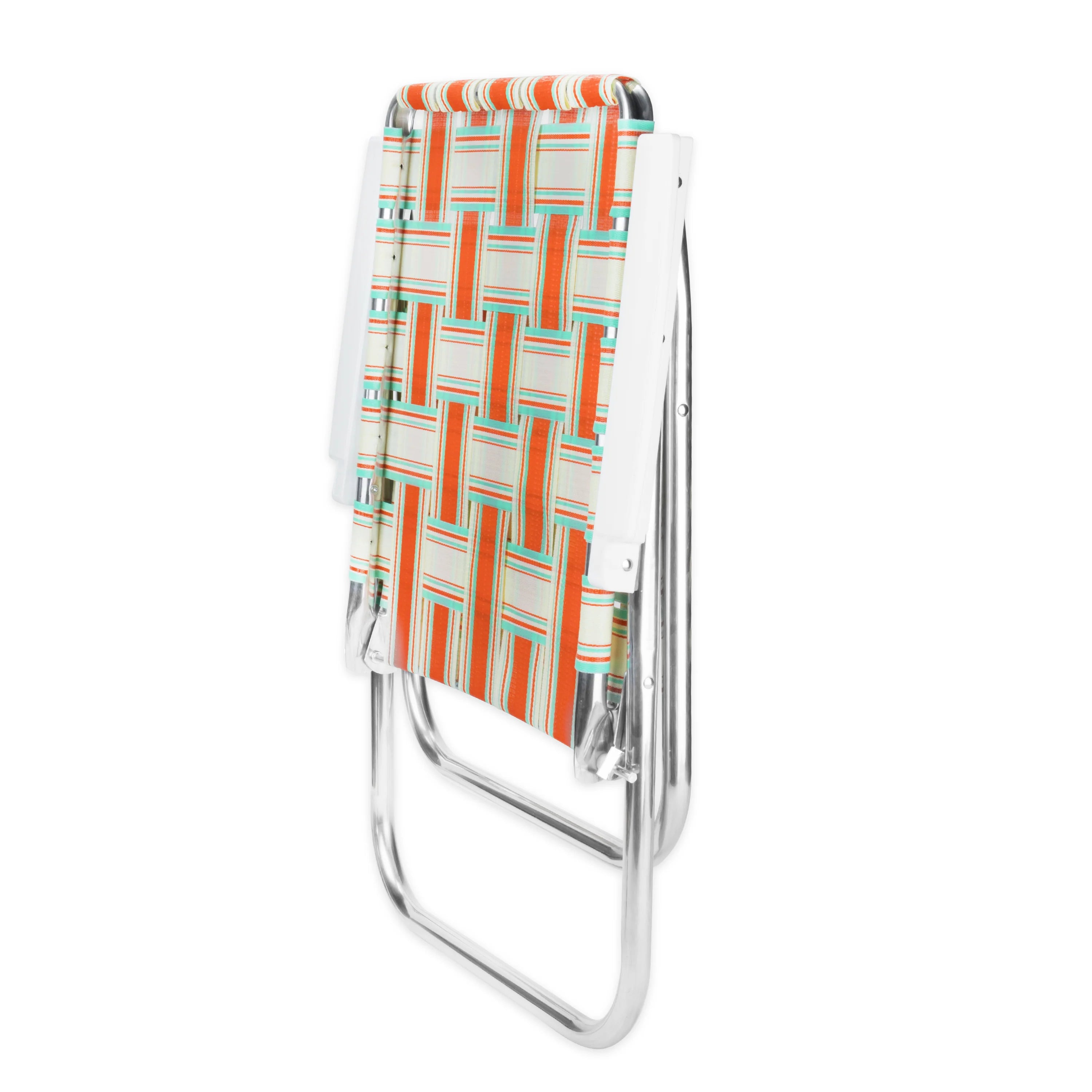 Folded orange and teal lawn chair in a geometric pattern on a white background
