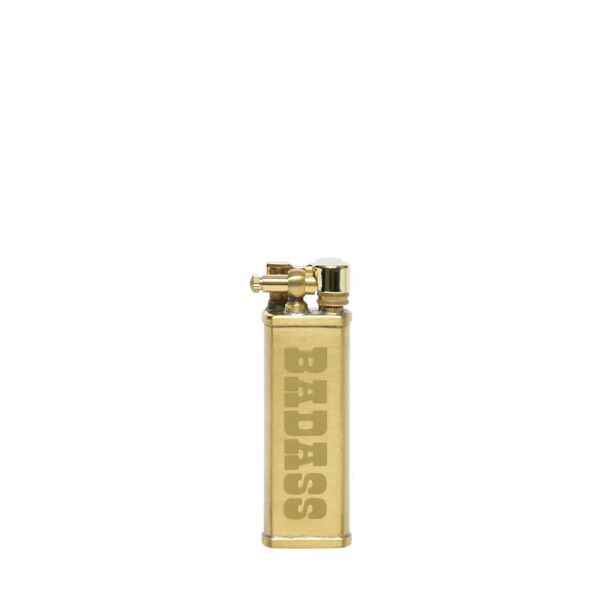 Gold lighter with 'BADASS' engraving on a white background