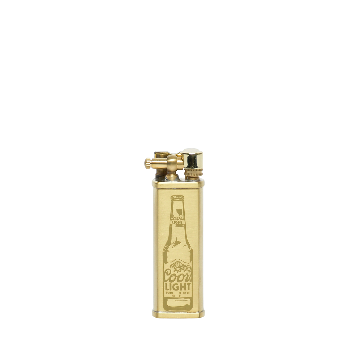 Brass lighter with Coors Light bottle engraving on a white background