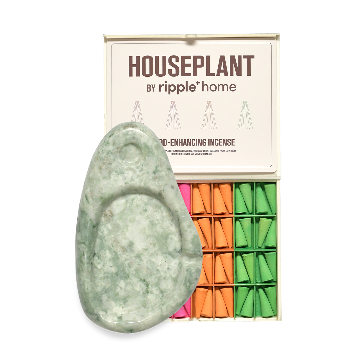 Incense holder with colorful incense sticks and packaging labeled 'Houseplant by Ripple Home' on a white background.