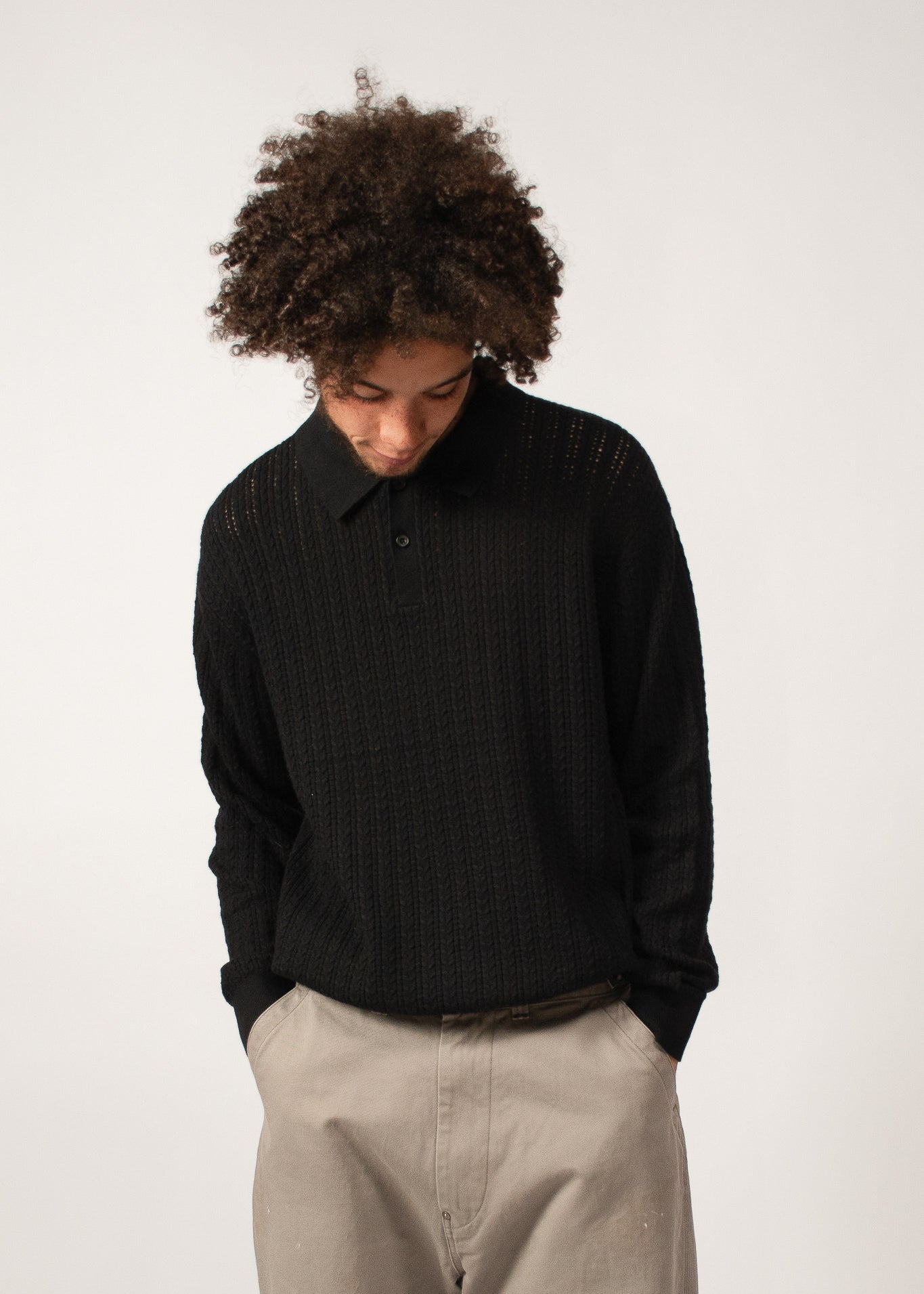 BEAMS+ - KNIT POLO CABLE - BLACK