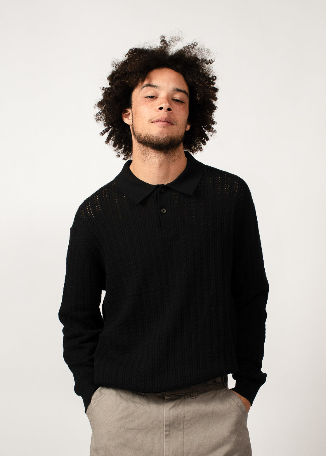 BEAMS+ - KNIT POLO CABLE - BLACK