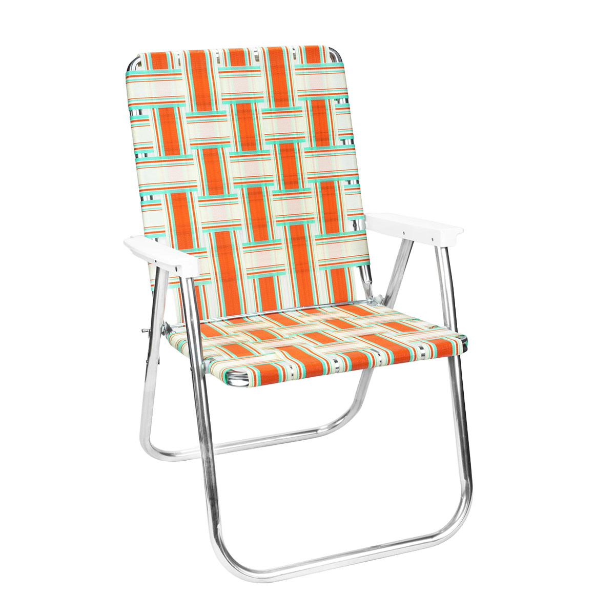 Orange and teal lawn chair in a geometric pattern on a white background