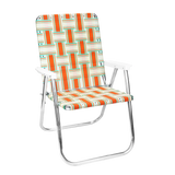 Orange and teal lawn chair in a geometric pattern on a white background