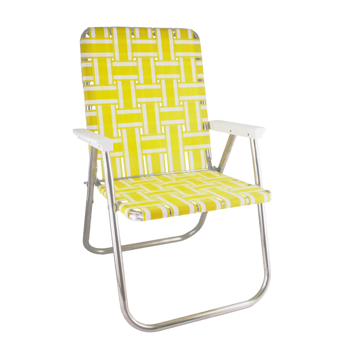 Yellow patterned lawn chair on a white background