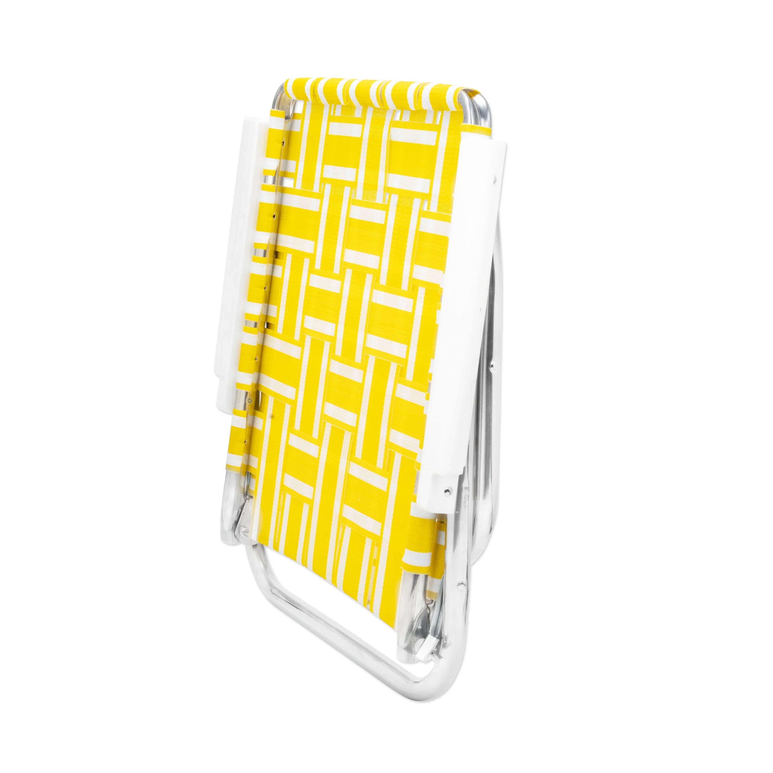 Yellow and white patterned lawn chair on a white background
